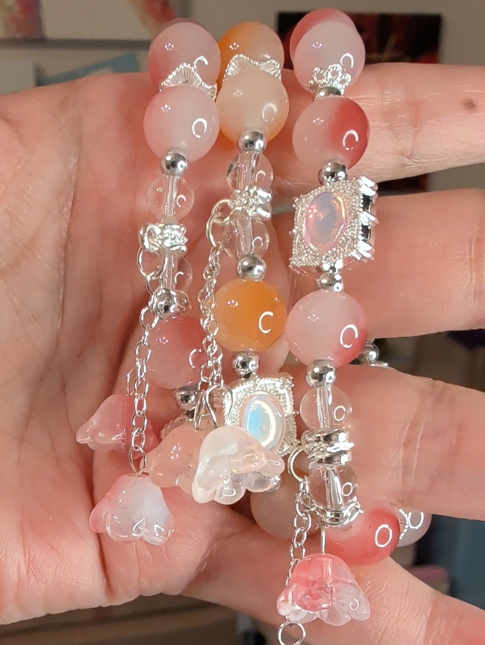 3 Glass Pink Peach Agate Beaded Charm Bracelet with Floral Dangles